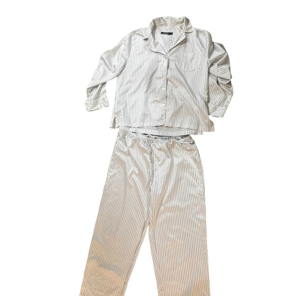 Lauren Ralph Lauren Pajamas Matching Set Womens Large Gray Stripes Satin Feel - Picture 1 of 7